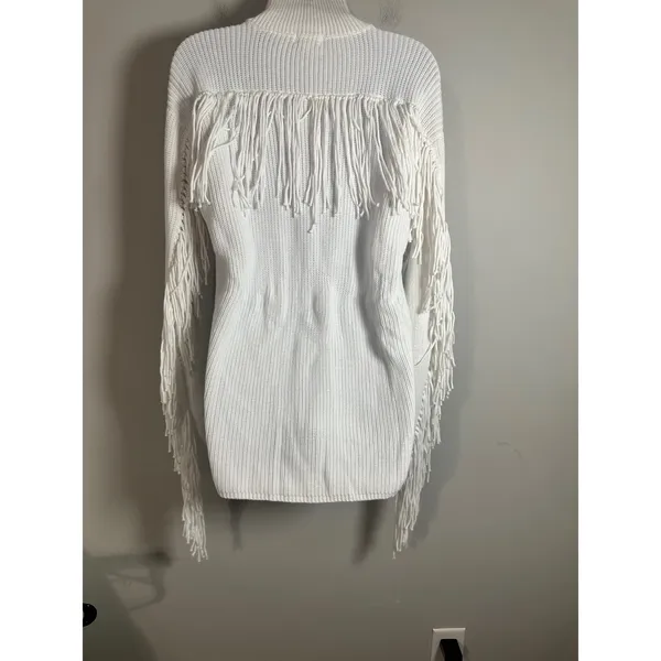 Minnie Rose White Cotton Shaker Mock Neck Zip Up Fringe‎ Jacket 8912 New - Image 6