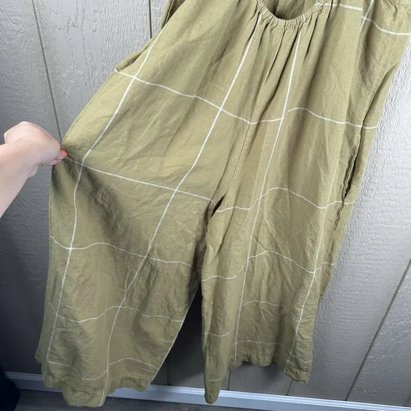Madewell Superwide-Leg Jumpsuit Womens Size 6 Olive Green Windowpane Linen Blend - Image 7