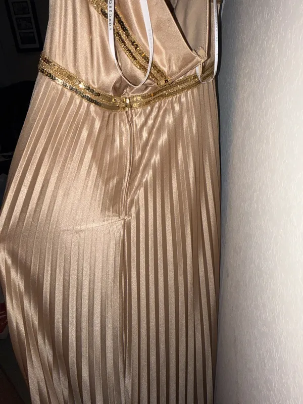 Cream Gold Masquerade Sequin Pleated Halter Strap Dress - Image 2