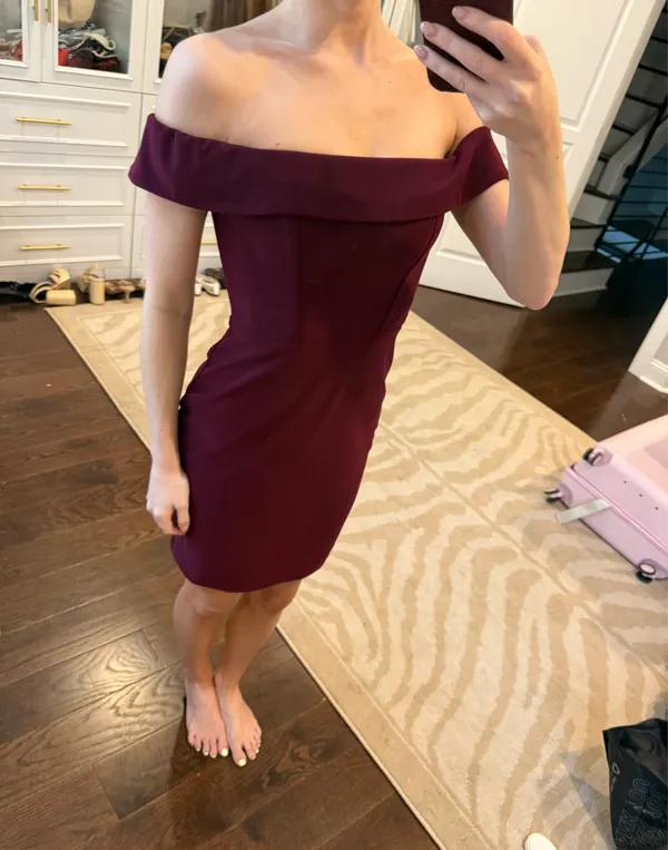Faviana Glamour Burgundy Off Shoulder Bodycon Mini Dress Size 2 - Image 3