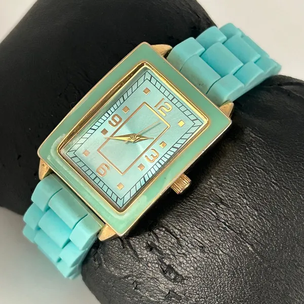 Women’s Aqua Blue Rectangular Analog Watch Gold Case Working New Battery - Image 2