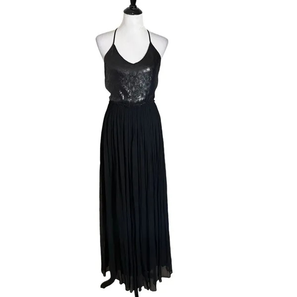 Chan Luu Sequin Puri Maxi Dress Womens XS Black Open Back Formal Chiffon Gown - Image 7