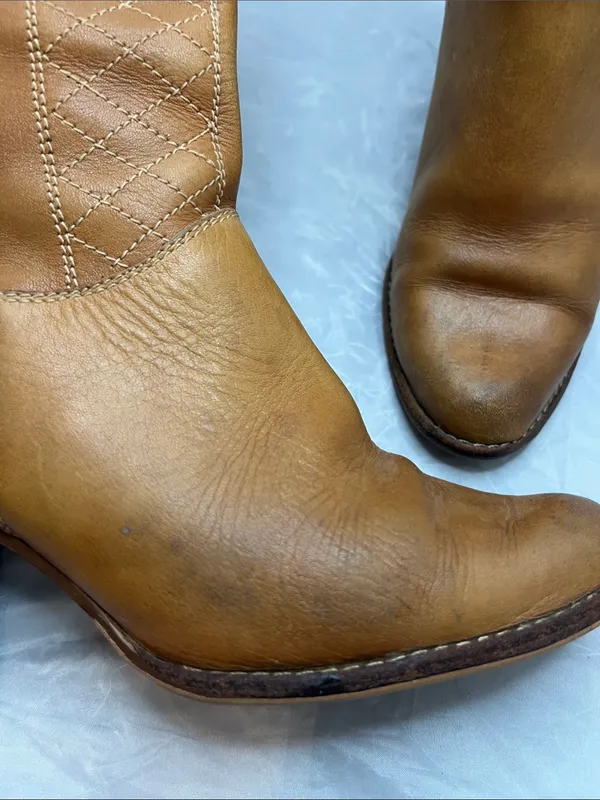 Women's 80s Vintage Tan Leather Mid-Calf Heeled Western Boots - Size 7B - Image 11