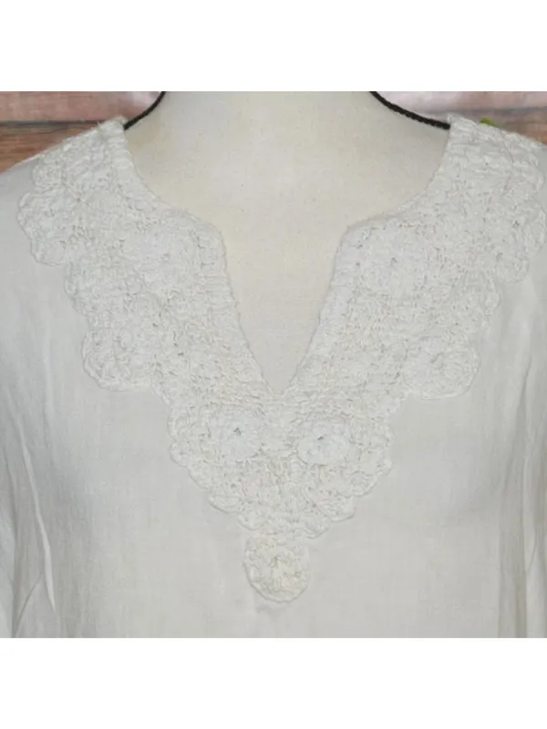 Calligraphie Linen Blend Blouse Women L Off White Crochet Embellished V Neck - Image 3