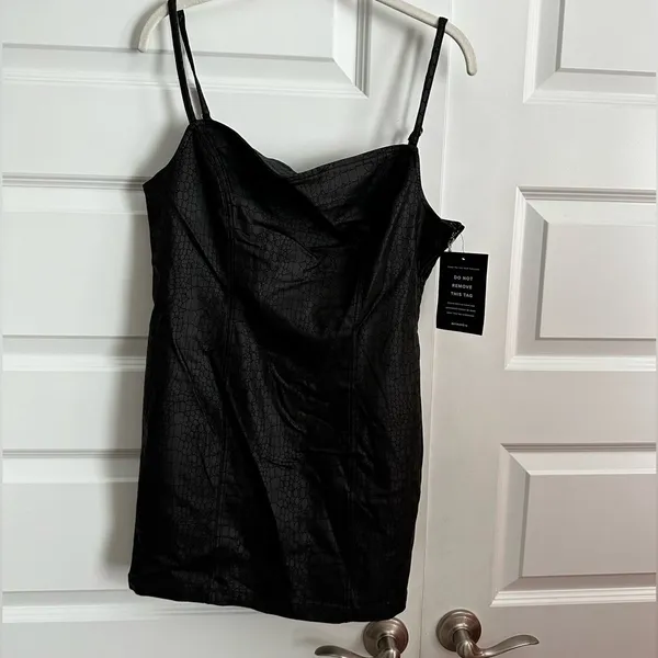 Retrofete Jourdana Coated‎ Denim Mini Bodycon Dress in Black Gator Size L NWT - Image 10