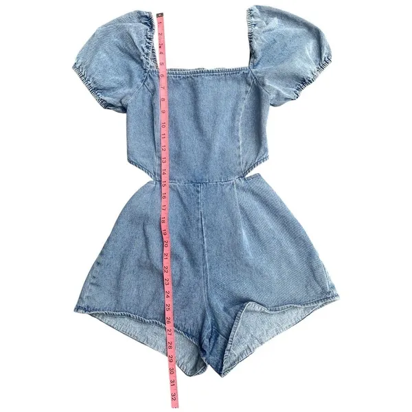 Altar'd State Y2K Festival Summer square neck puff sleeve cut out waist Denim Romper size S - Image 11