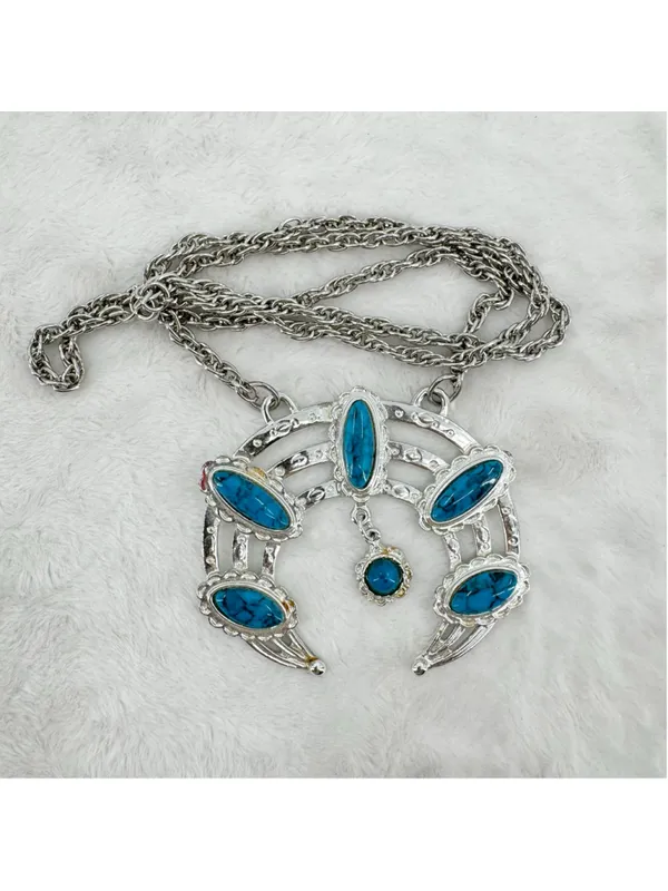 Vintage Silver Tone Turquoise Necklace Crescent Moon Dangle Charm Southwestern - Image 2