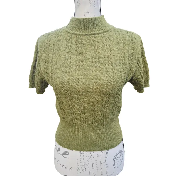Cider 14R Wool Blend High Neck Olive Matcha Green‎ Short Sleeve Sweater Top M - Image 3