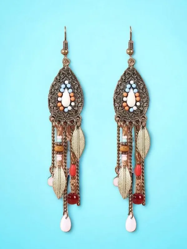 Boho Vintage Style Beaded Fringe Dangle Chain Feather Earrings *Faux Fashion Je - Image 7