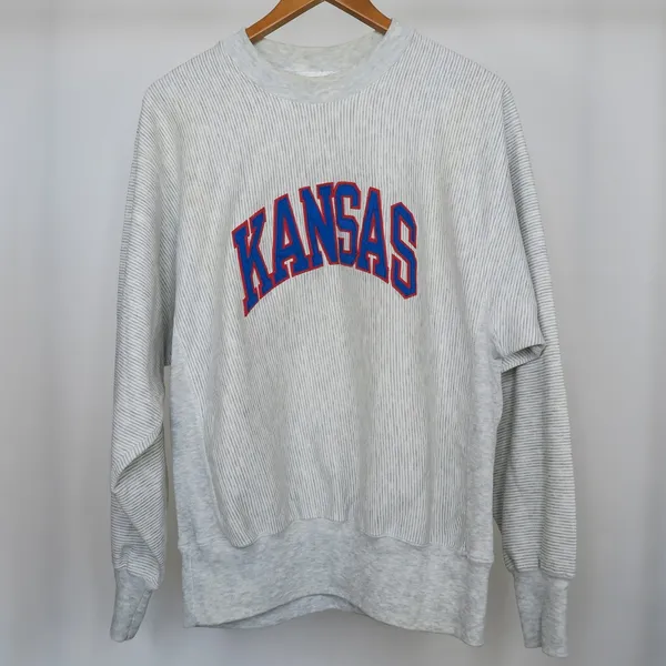 Vintage 90s KU Jayhawks Kansas Gray Pinstripe Sweatshirt - Image 3