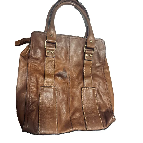 Kate Landry Brown Leather Tote Bag Whipstitch Zebra Print Western Boho - Image 2