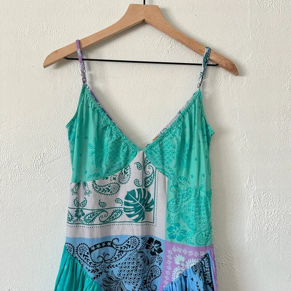 Free People Teal, Lavender, Mint Patchwork Midi Dress - Image 3