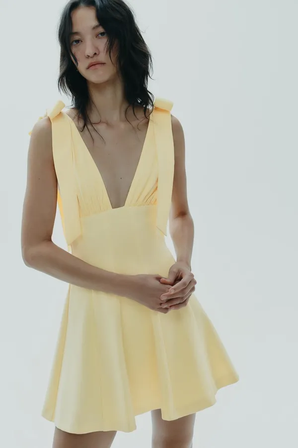 Zara Yellow V-Neck Tie-Shoulder Fit & Flare Dress - Image 4