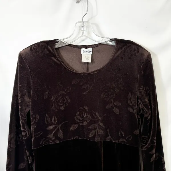 VTG Dress Brown Velvet Burnout Sz 12 Rose Print‎ A-Line Y2K 90s Long Sleeve 1590 - Image 4