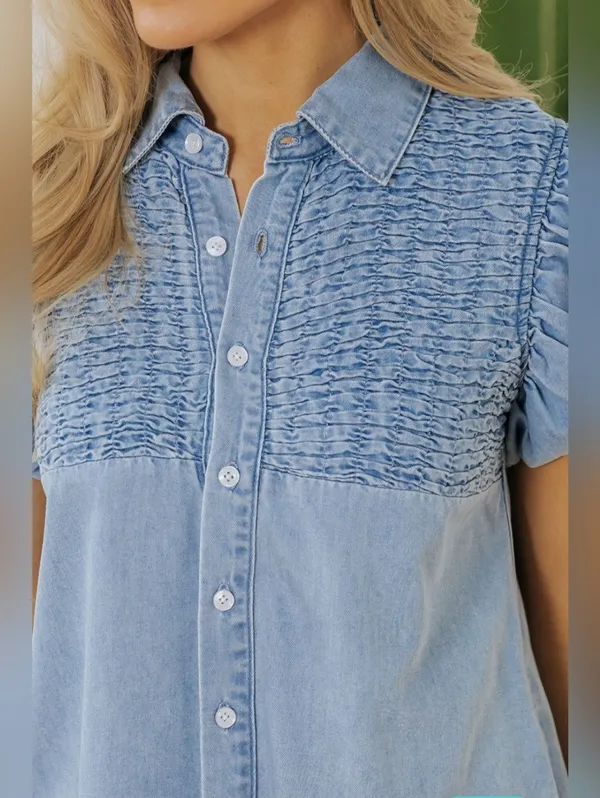 Entro Light Blue Denim Mini Dress with Puff Sleeves Medium - Image 4