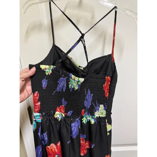 American Eagle Floral Mini Dress Black Sweetheart Neck Smocked Back Pockets XS - Image 5