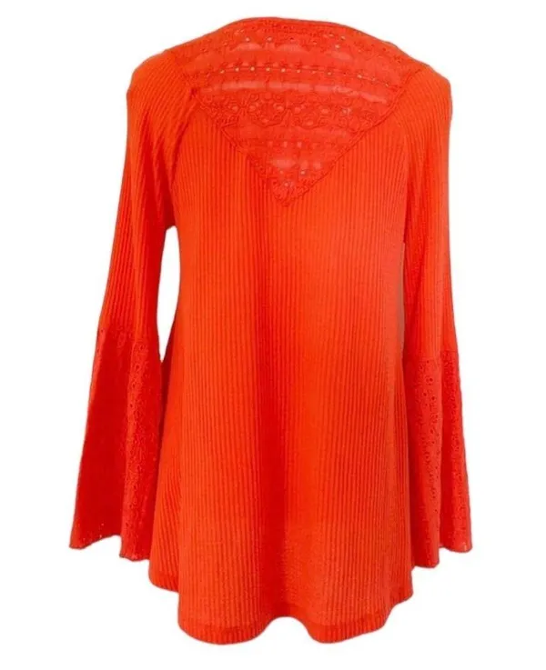 Free People NWT Boho Bell Sleeve Waffle Textured Blouse Orange Parisian Size XS - Image 5