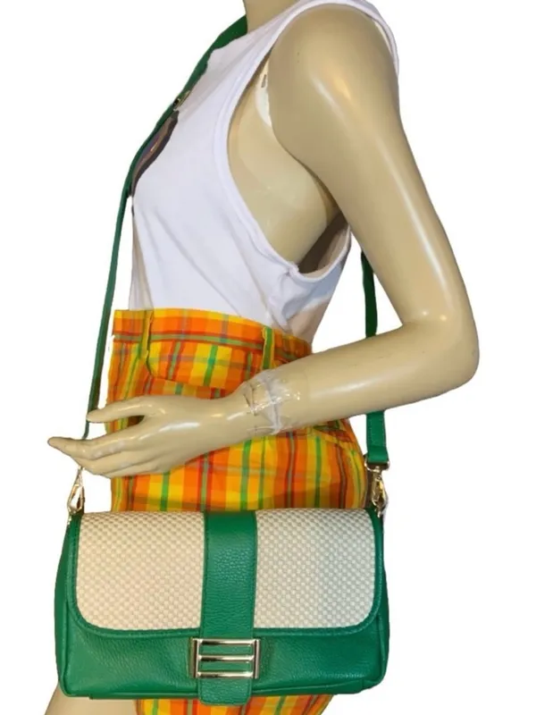Divina Firenze Emerald Green Leather And Cream Rattan Crossbody Bag - Image 2