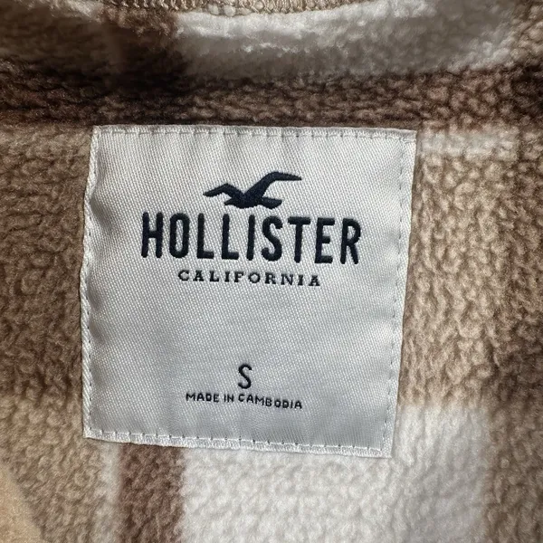 Hollister Womens Small Cropped Fleece Hoodie Jacket Plaid Beige Brown Full Zip - Image 12