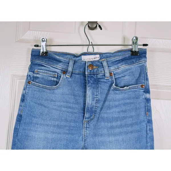 LOFT Womens High Rise Flare Jeans Raw Hem Size 27 Medium Wash Y2K Denim Fall - Image 5
