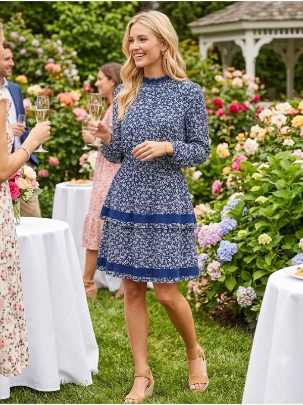 Chelsea & Violet Mini Floral Print Tiered Ruffle Long Sleeve Dress S Blue NWT - Image 15