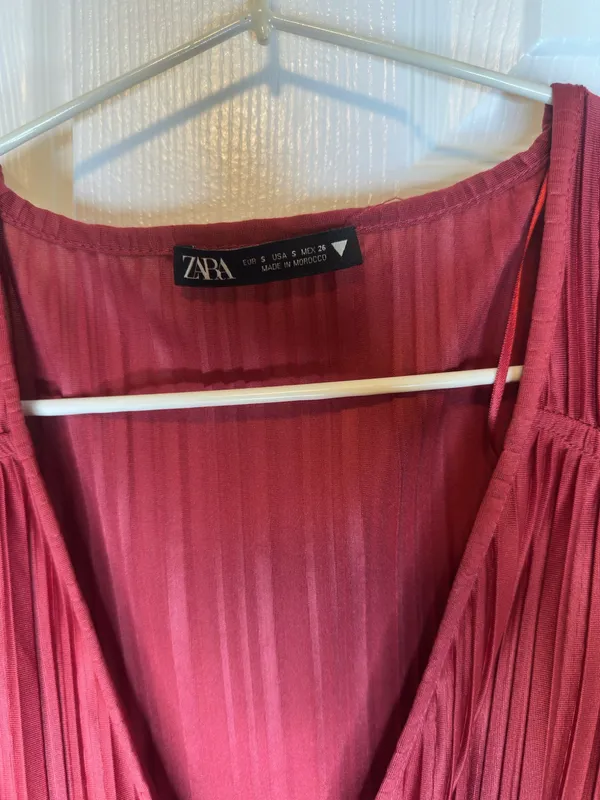ZARA Pleated Long Sleeve Deep V-Neck Mini Dress Terracotta Red Size S - Image 3