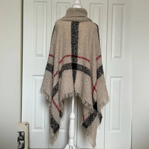 Turtleneck Tan Plaid Shaggy Tassel Poncho Cape One Size - Image 2