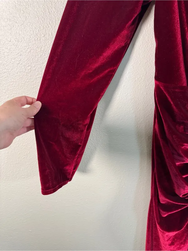 Burgundy Red Velvet Plunging Neckline Maxi Dress Gown Womens XL Holiday Party - Image 9