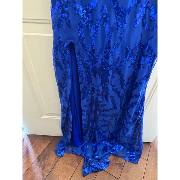 Ryanth Royal Blue Sequin‎ Open Back Maxi Dress V-Neck Slit Size 6 NWT - Image 7
