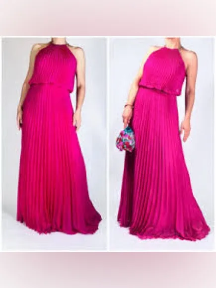 Aqua Dresses Pleated Halter Maxi Dress Fuchsia Gold Chain Size 0 XS NWT - Image 2