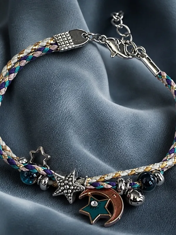 Celestial Star & Moon Multicolor Braided Charm Bracelet Green - Image 2