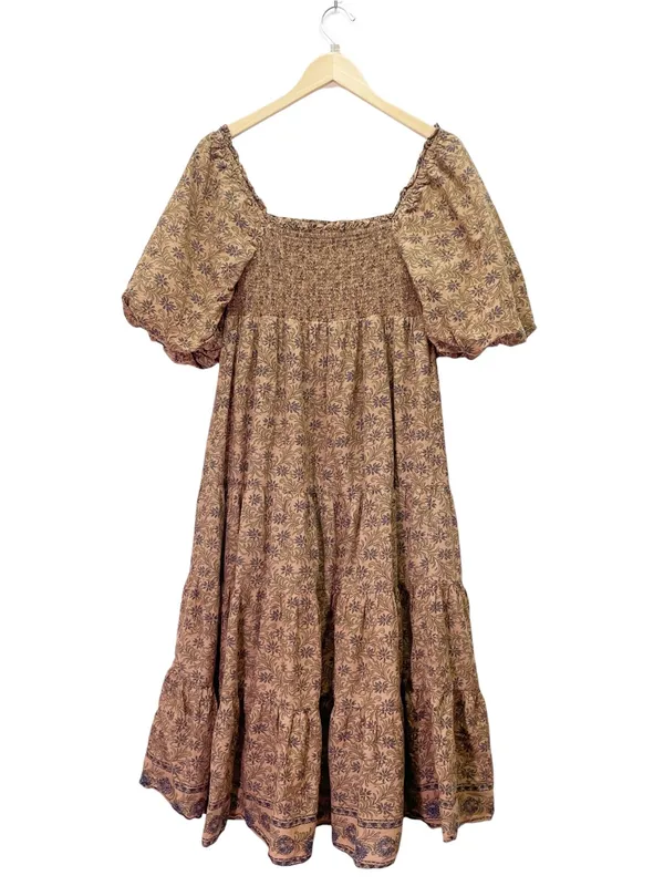 A Loves A Brown Floral Smocked Puff Sleeve Tiered Midi Dress Large Cottagecore - Image 3