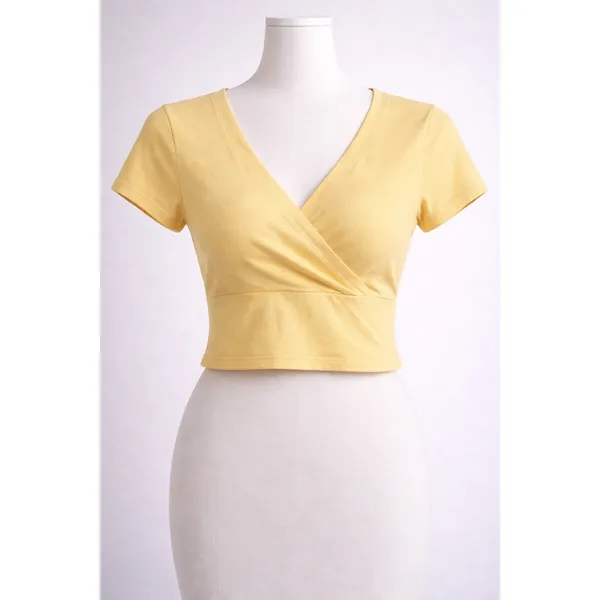 SO Pale Yellow Surplice V Neck Crop Top Y2K Coquette Pastel Small - Image 2
