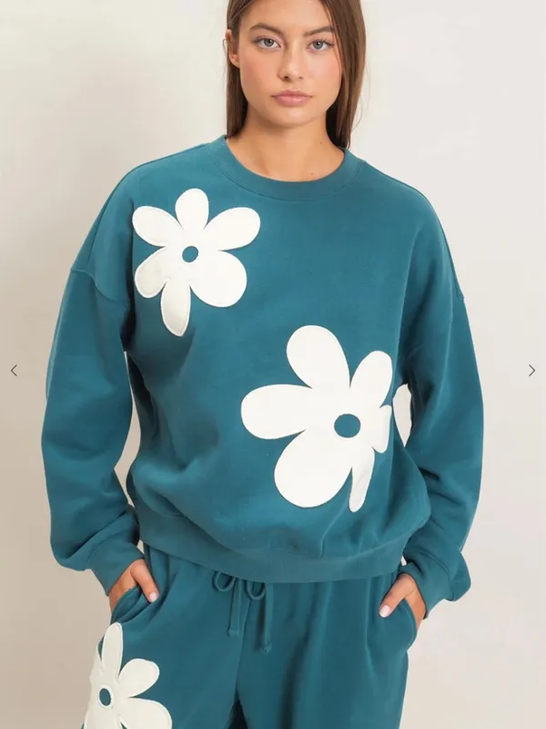NEW Double Zero Teal Floral Appliqué Fleece Sweatshirt Jogger Set Medium - Image 2