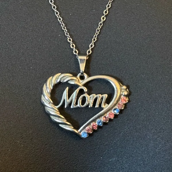 Silver tone open heart pink and blue rhinestone Mom pendant necklace - Image 2