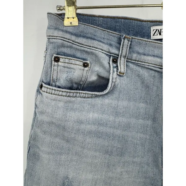 ZARA Straight leg High Rise Distressed Jeans Womens Size 8 Light Wash Boho Denim - Image 5