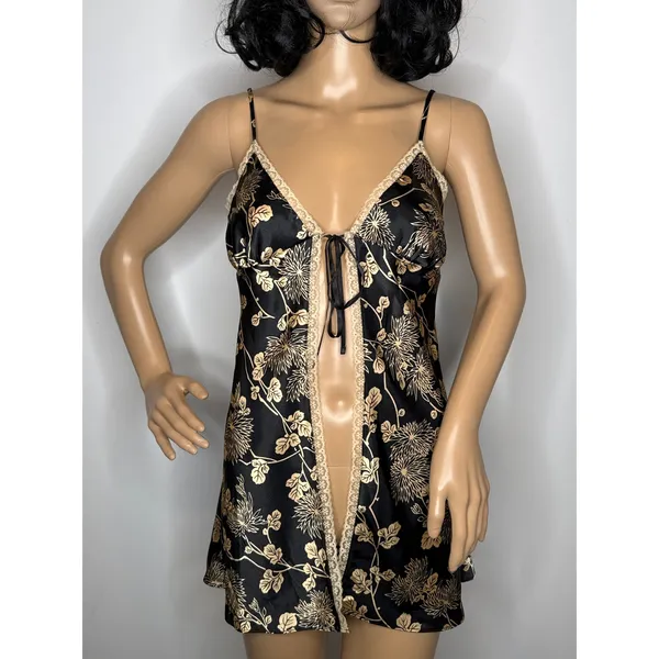 Victoria’s Secret Black Gold Floral Satin Open-Front lace trimTop Slip dress Sp - Image 5