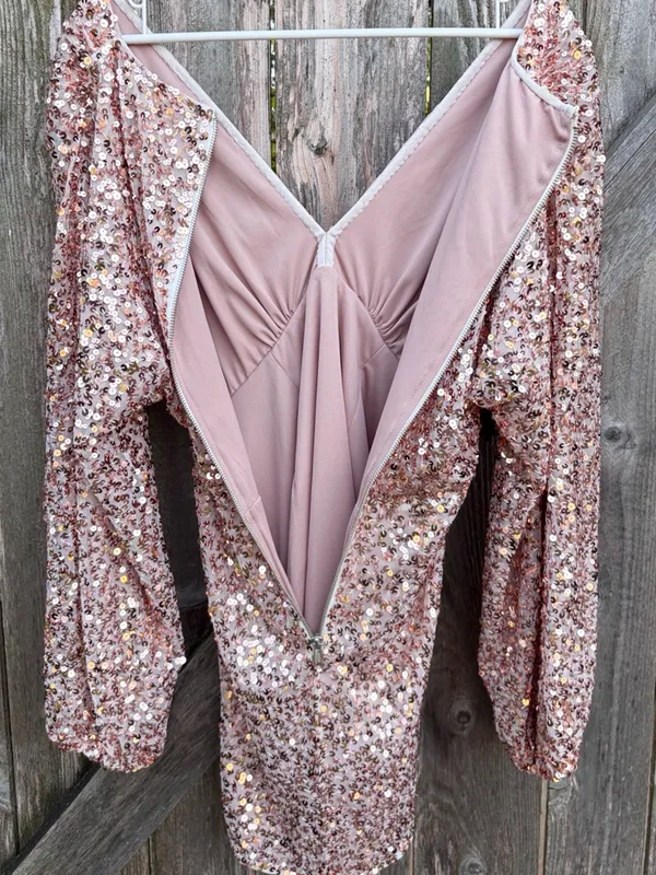 EUC Free People Dance All Night Sequined V Neck Puff Slv. Dress Rose Gold Small - Image 11