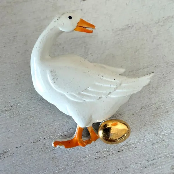 Vintage JJ Jonette Goose Golden Egg Brooch White Enamel Figural - Image 3