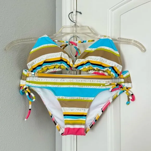 Hotkiss Sequin Bikini Set Small Y2K Rainbow Striped Sequin Vibrant Top & Bottom - Image 4