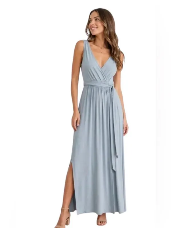 Lulus NWT Women XS Pale Dusty Blue Jersey Knit Surplice Slit Maxi Dress - Image 8