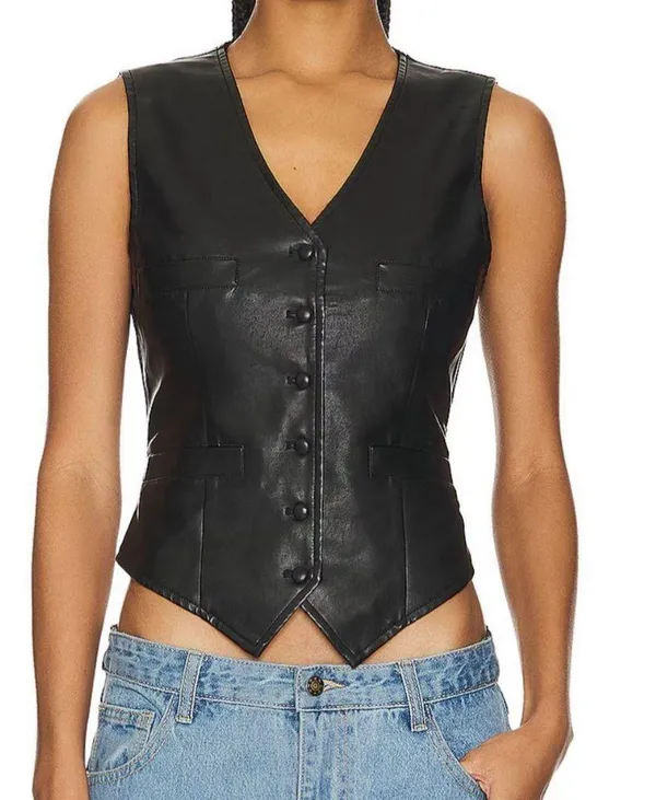 LIONESS Black Leather Button Vest - Image 2