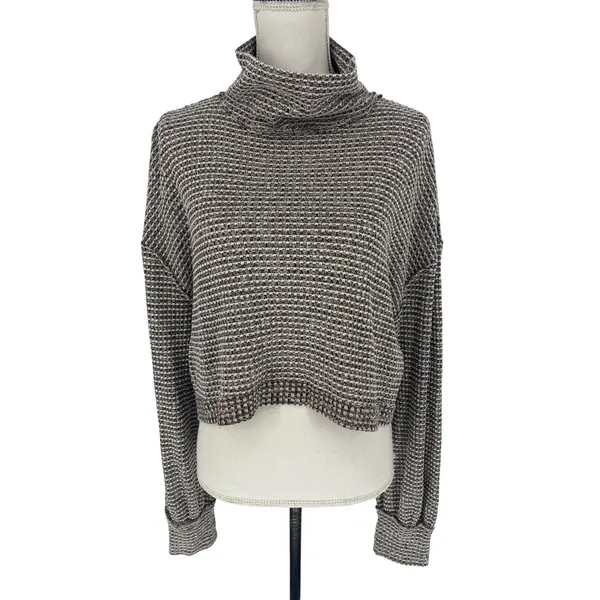 Free People BK Thermal Turtleneck Cropped Top Wine Red White‎ L - Image 6