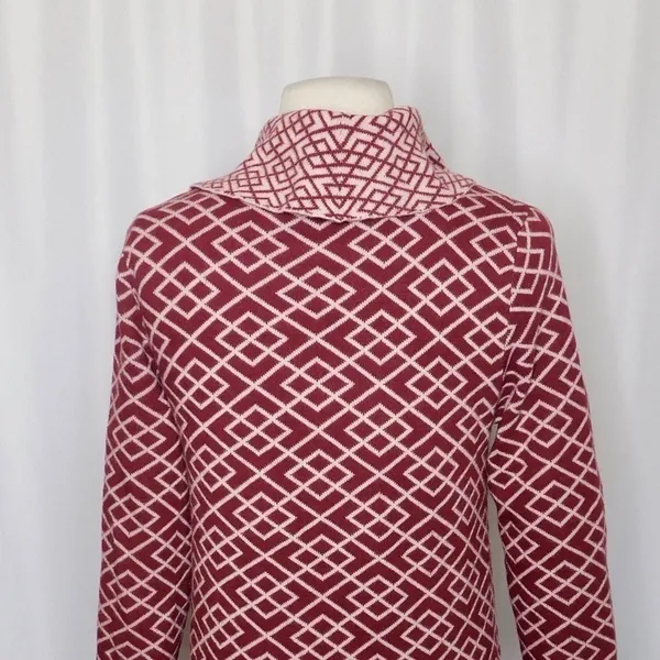Anthropologie MOTH Galena Cowl Neck Sweater Maroon Pink Jacquard Geometric Small - Image 9
