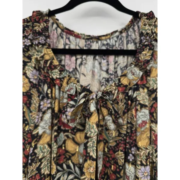 DR2 by Daniel Rainn Black Blouse Sz XL Multi Floral Metallic Gold Tie Front Boho - Image 5