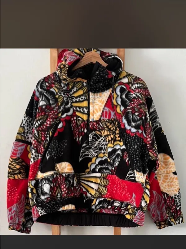Free People Quilted Floral Patchwork Hooded Pullover - Black, Red, Cream - Image 3