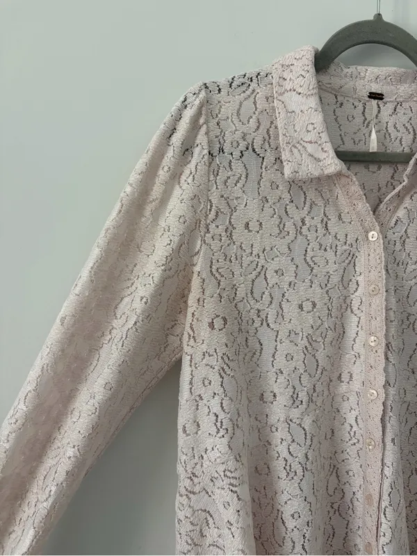 Free People Heather Lace Boho Romantic Long Sleeve Tunic Champagne Dream M - Image 3