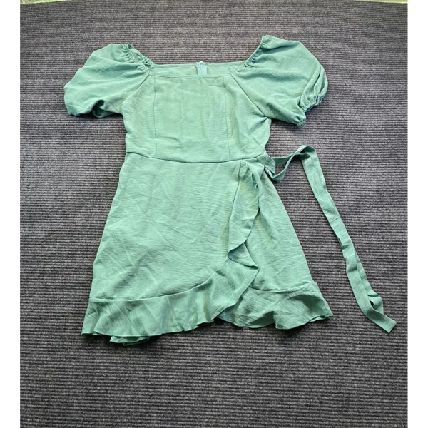 Mint Green Puff Sleeve Ruffle Mini Dress Square Neck Wrap Tie Side‎ Split Large - Image 3