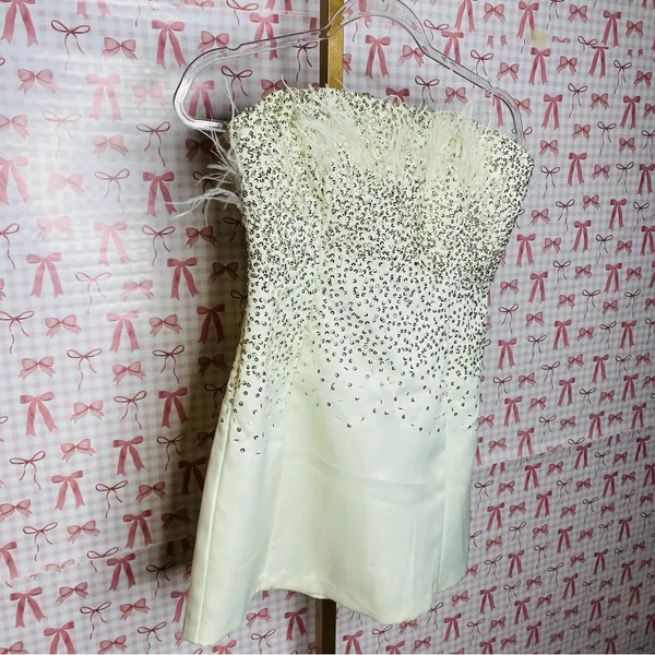 NBD x Revolve GRACY Strapless White Ostrich Feathered Sequin Mini Dress - Image 4