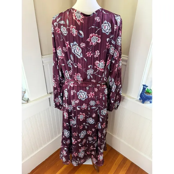 Rachel Rachel Roy Floral Metallic‎ Pleated Caron Wrap Midi Dress 24W Burgundy - Image 3